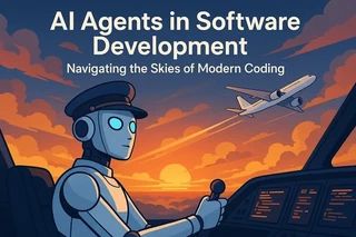 Cartoon robot in a pilot cap flying an aircraft cockpit at sunset, illustrating AI agents as co-pilots of software development