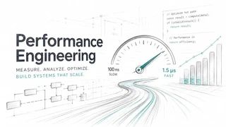 Sketch-style cover with a speed gauge swinging from 100 ms slow to 1.5 µs fast, flowcharts and rising charts, titled Performance Engineering — measure, analyze, optimize