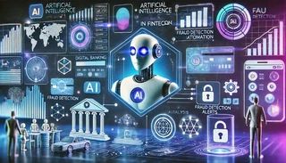 Futuristic collage of an AI robot surrounded by fintech icons — fraud detection alerts, digital banking, security locks, and analytics charts