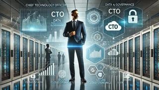 Executive in a suit standing in a data center corridor surrounded by holographic icons for data governance, security locks, and cloud storage