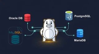 Gopher mascot connected by circuit lines to Oracle DB, MySQL, PostgreSQL, and MariaDB database logos on a dark background