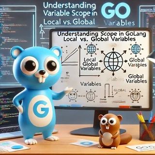 Cartoon Go gopher mascot presenting a whiteboard that compares local and global variable scope in Golang