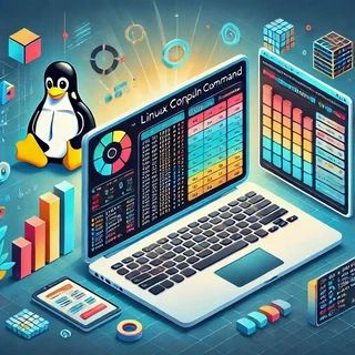 Illustration of a laptop running the Linux column command with colorful aligned tables on screen, next to the Tux penguin mascot and floating charts