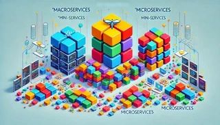 Colorful 3D illustration comparing service granularity: a few large macroservice blocks in the middle, scattered tiny microservice cubes on the sides