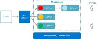 Microservices diagram: a client calls an API gateway that routes to independent services under a management and orchestration layer