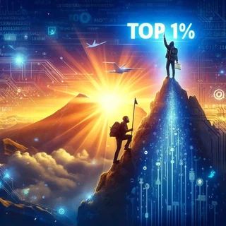 Two climbers scaling a digital mountain at sunrise, one raising an arm at the Top 1% summit amid circuit-board patterns