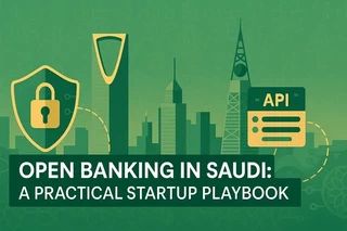 Green illustrated Riyadh skyline with a security shield and an API panel, titled Open Banking in Saudi: A Practical Startup Playbook