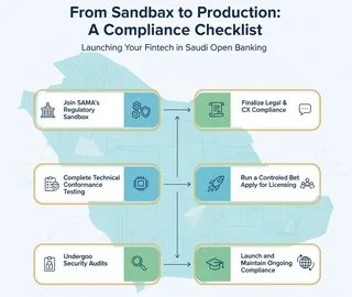 Illustration of the compliance journey from SAMA&rsquo;s regulatory sandbox to production launch as a step-by-step checklist