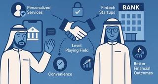 Illustration of open banking benefits in Saudi Arabia: personalized services, convenience, a level playing field, and fintech startups partnering with banks